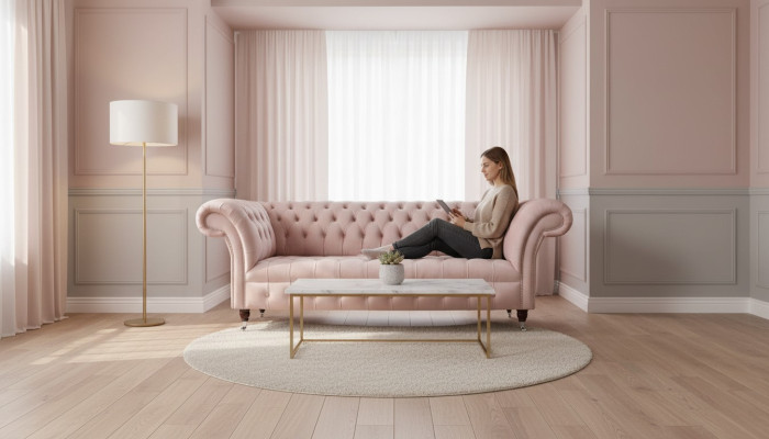 Chesterfield 3 plazas Rosa Sofás de diseño Tapicería Sofás Tela Textil
