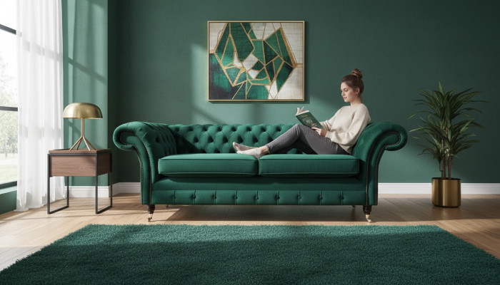 Sofá de 3 plazas verde, estilo Chesterfield de lujo, diseño nuevo para sala de estar.