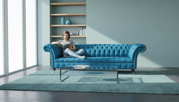 Chesterfield sofás tapizados Diseño Textil Sofá 4 plazas Sofá de diseño de lujo Azul.