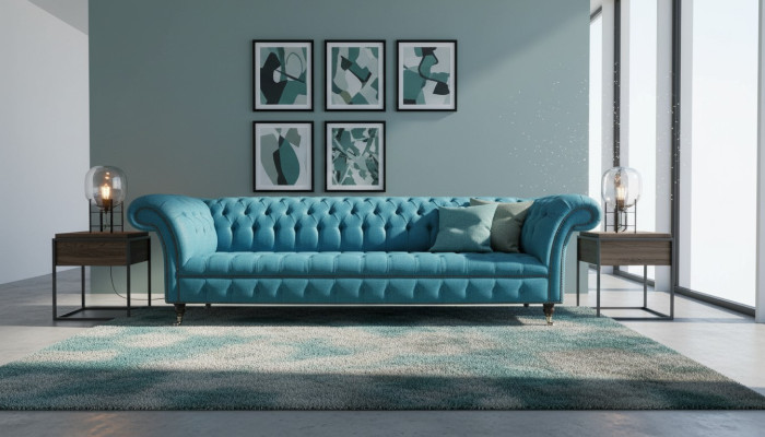 Chesterfield sofás tapizados Diseño Textil Sofá 4 plazas Sofá de diseño de lujo Azul.