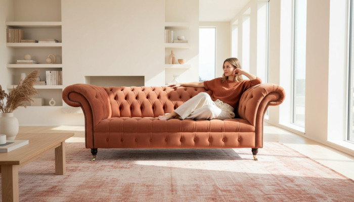 Luxus Chesterfield sofá de 3 plazas tapizado en tela nuevo.