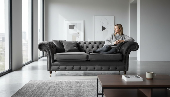 Diseño de sofá Chesterfield 3 plazas en gris, sofá tapizado para sala de estar.