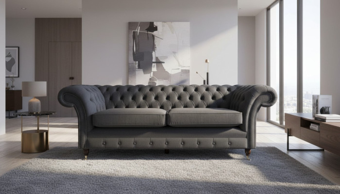 Diseño de sofá Chesterfield 3 plazas en gris, sofá tapizado para sala de estar.