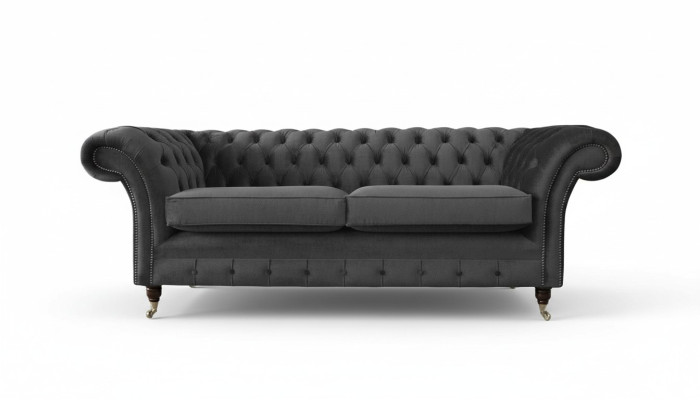 Diseño de sofá Chesterfield 3 plazas en gris, sofá tapizado para sala de estar.