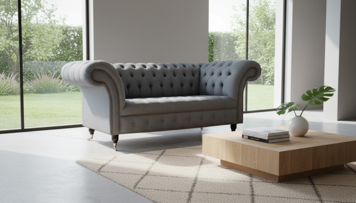 Muebles de oficina Chesterfield en inglés, sofá, sillón, 2 asientos, tela.