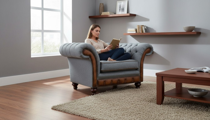 Sillón diseño relajante de tela de lujo Lounge Gris Asientos Chesterfield