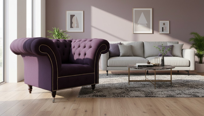 Sillón individual de lujo de diseño de un asiento en tela lila Chesterfield.