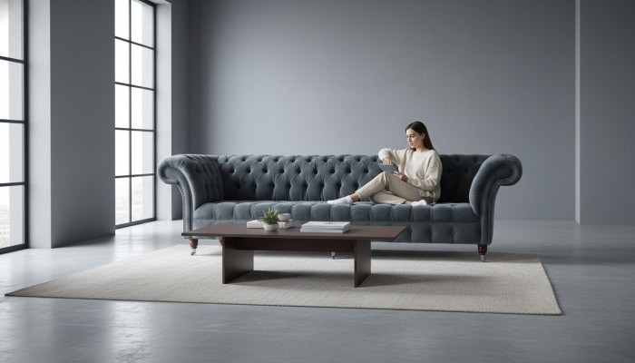 Sofá de cuatro plazas 4 plazas sofás modernos diseño gris tela Chesterfield