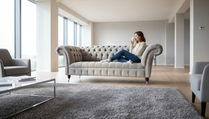 Sofá Chesterfield de tres plazas en gris con cojines de asiento nuevo.