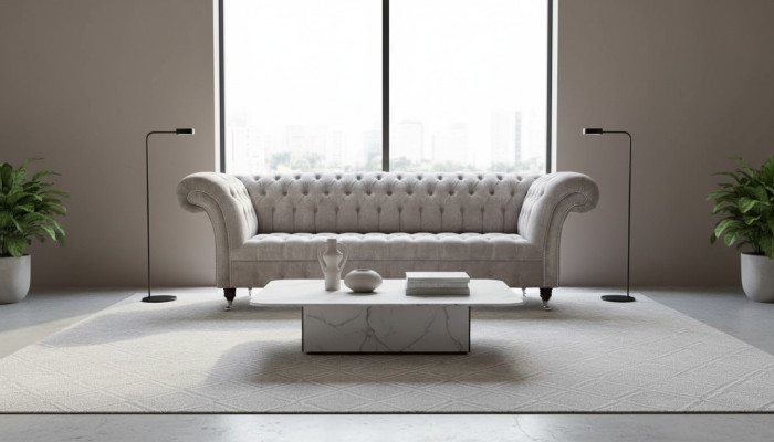 Sofá Chesterfield de tres plazas en gris con cojines de asiento nuevo.