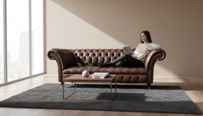Sofá de 3 plazas Chesterfield, sofá de cuero, diseñador de sala de estar, sofá acolchado.
