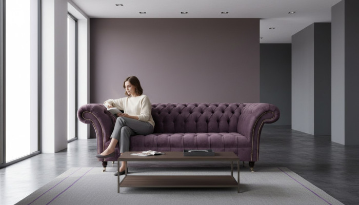Sofá Chesterfield Moderno de 3 Plazas Tapizado en Tela Textil Lila Nuevo