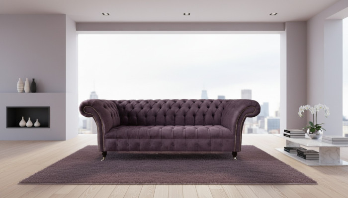 Sofá Chesterfield Moderno de 3 Plazas Tapizado en Tela Textil Lila Nuevo