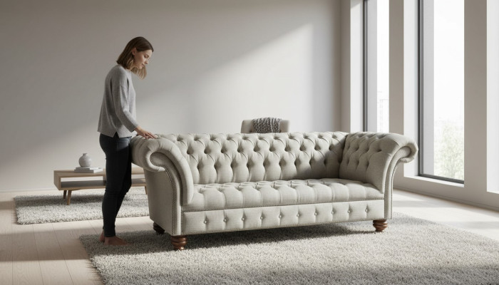 Sofá de diseño de tres plazas, sofá de 3 plazas, gris, sofás tapizados, muebles nuevos.
