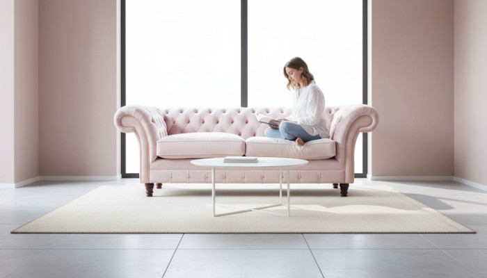 Sofá de 3 plazas estilo Chesterfield, diseño de muebles, asiento de textil tapizado nuevo.