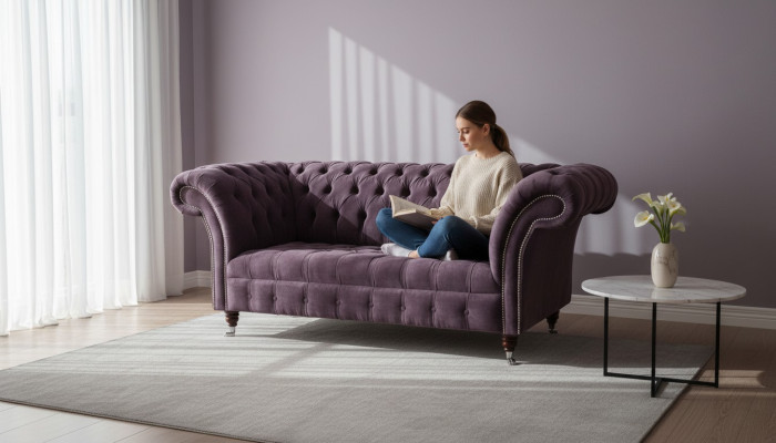 Sofá Chesterfield diseño Lila tapizado textil de dos plazas nuevo.
