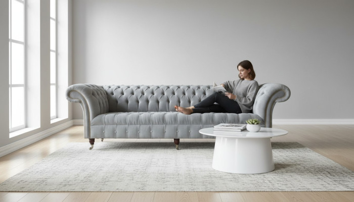 Sofá de diseño Chesterfield de 4 plazas, sofá tapizado de tela de lujo.