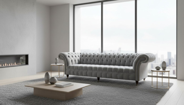 Sofá de diseño Chesterfield de 4 plazas, sofá tapizado de tela de lujo.