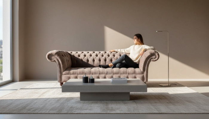 Chesterfield Sofá Couch Diseño de Tapicería 3 Plazas Sofás Tres Plazas Lila