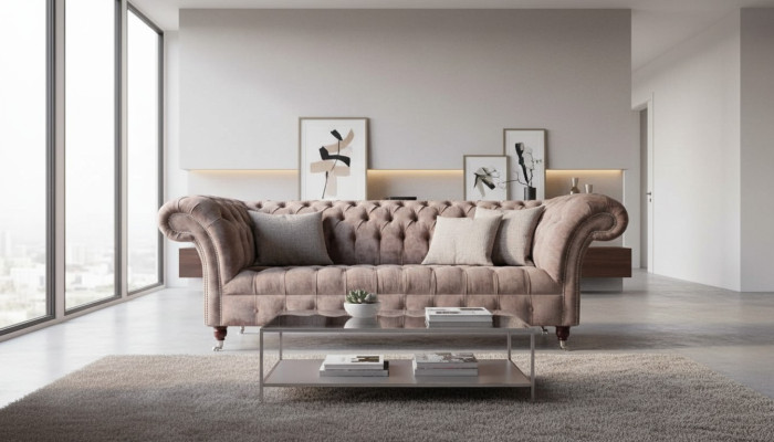 Chesterfield Sofá Couch Diseño de Tapicería 3 Plazas Sofás Tres Plazas Lila