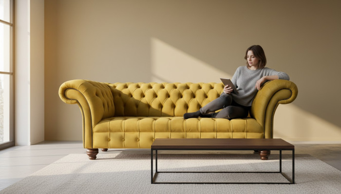 Sofá Chesterfield amarillo tapizado de 3 plazas con asientos acolchados.