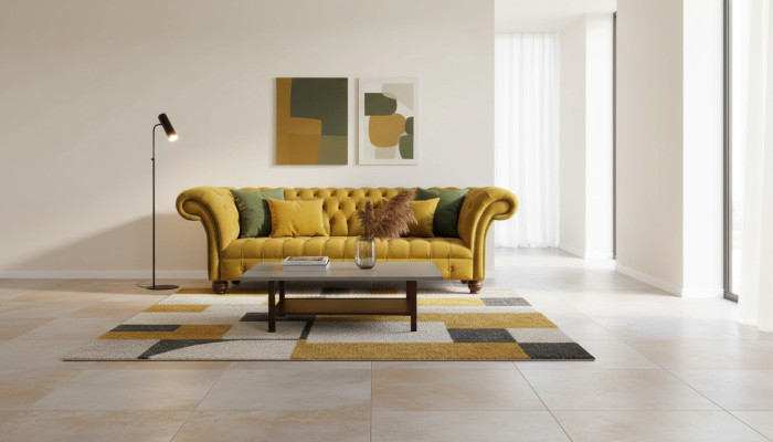 Sofá Chesterfield amarillo tapizado de 3 plazas con asientos acolchados.