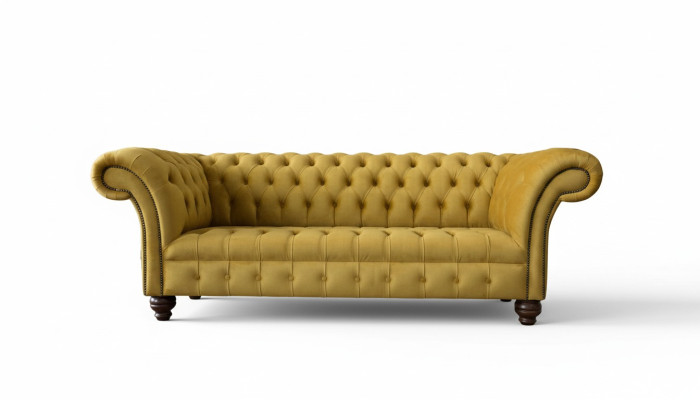 Sofá Chesterfield amarillo tapizado de 3 plazas con asientos acolchados.