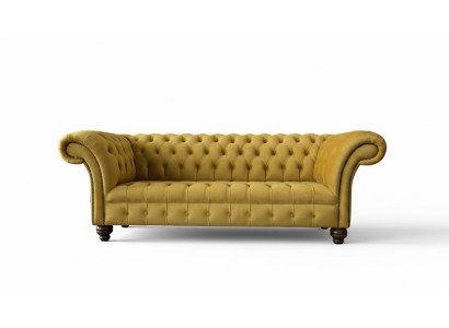 Sofá Chesterfield amarillo tapizado de 3 plazas con asientos acolchados.