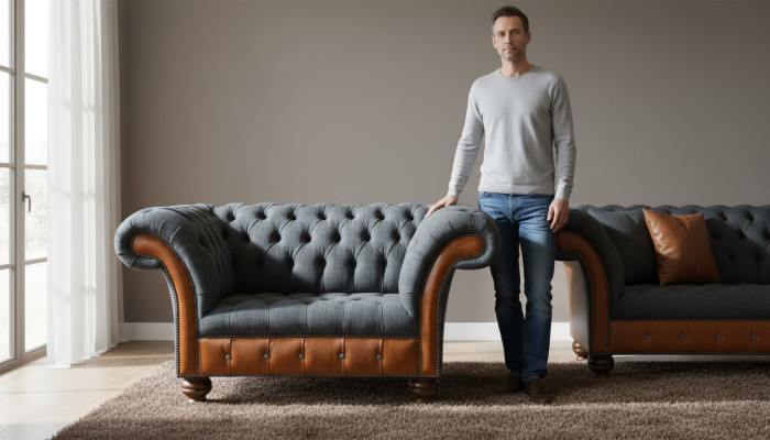 Sillón de diseño de lujo de un asiento, sofá tapizado Chesterfield en tela.