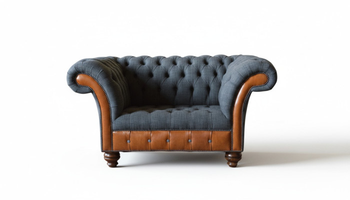 Sillón de diseño de lujo de un asiento, sofá tapizado Chesterfield en tela.