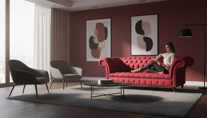 Chesterfield de 3 plazas, diseño de sofá tapizado de tela.