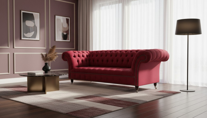 Chesterfield de 3 plazas, diseño de sofá tapizado de tela.