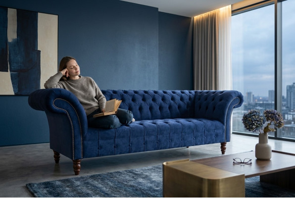 Chesterfield Design Sofá de lujo tapizado 3 plazas azul textil nuevo
