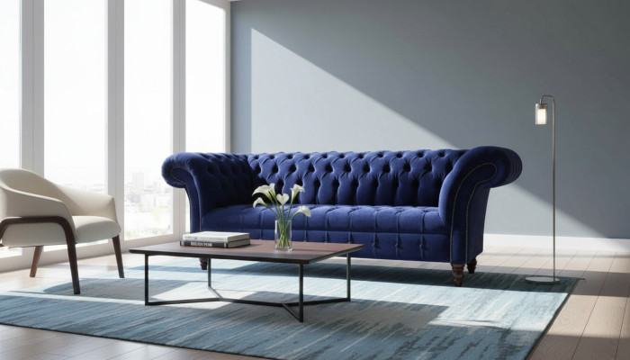 Chesterfield Design Sofá de lujo tapizado 3 plazas azul textil nuevo