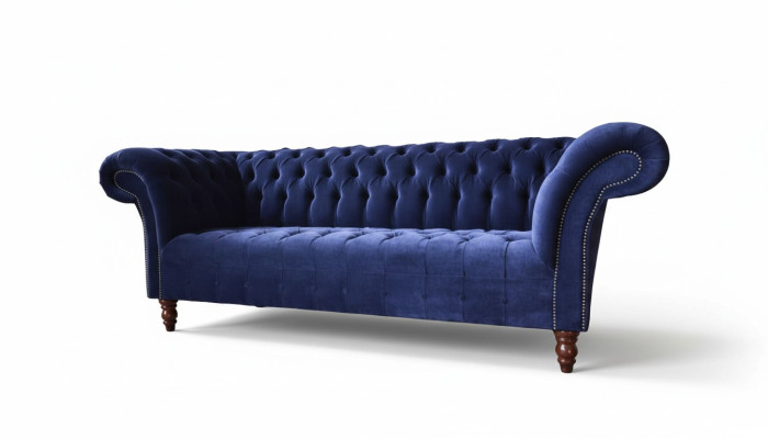 Chesterfield Design Sofá de lujo tapizado 3 plazas azul textil nuevo