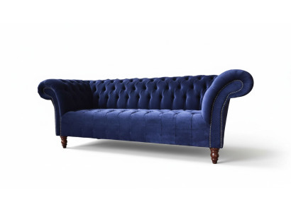 Chesterfield Design Sofá de lujo tapizado 3 plazas azul textil nuevo