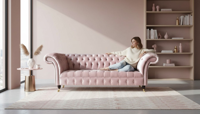 Sofá de 3 plazas Chesterfield de tela rosa para sala de estar, sofás tapizados nuevos.
