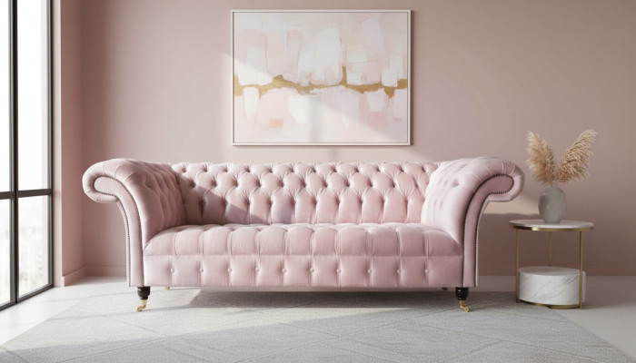 Sofá de 3 plazas Chesterfield de tela rosa para sala de estar, sofás tapizados nuevos.