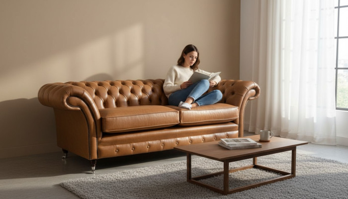 Sofá de cuero de 3 plazas, sofa Chesterfield, couch, tapizado, sala de estar, tres plazas.