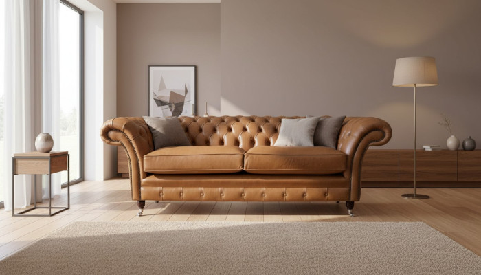 Sofá de cuero de 3 plazas, sofa Chesterfield, couch, tapizado, sala de estar, tres plazas.