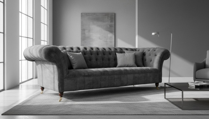 Chesterfield sofá de 3 plazas acolchado de tela gris.