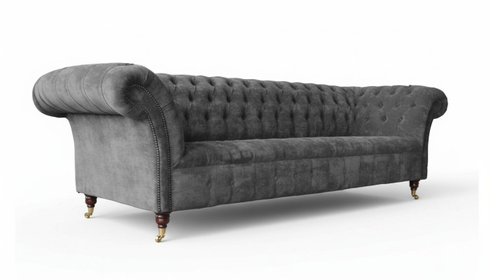 Chesterfield sofá de 3 plazas acolchado de tela gris.