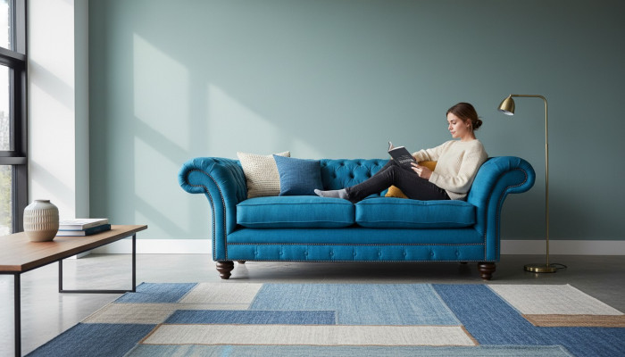 Sofá Chesterfield de 3 plazas, sofá de salón, tapizado, tela, color azul.