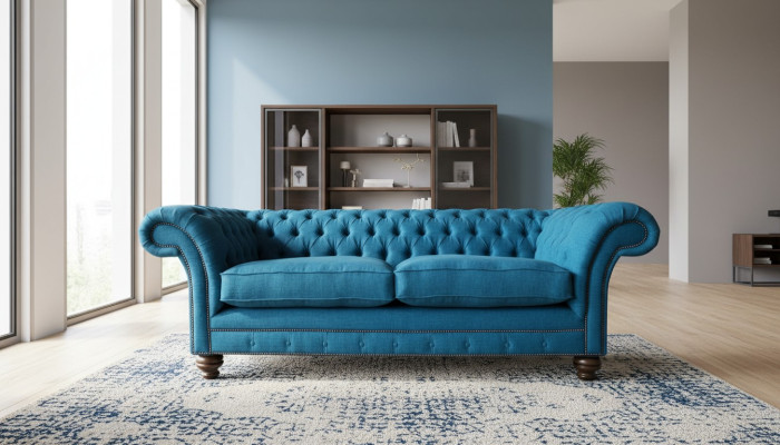 Sofá Chesterfield de 3 plazas, sofá de salón, tapizado, tela, color azul.
