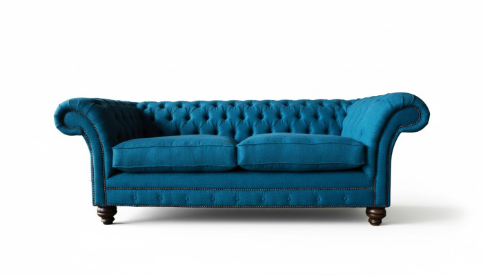 Sofá Chesterfield de 3 plazas, sofá de salón, tapizado, tela, color azul.