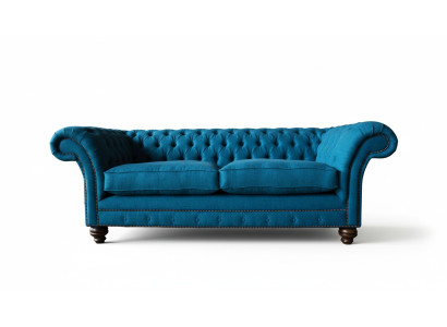 Sofá Chesterfield de 3 plazas, sofá de salón, tapizado, tela, color azul.