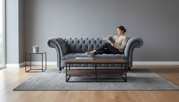 Sofá Chesterfield de 3 plazas, sofá de lujo para la sala de estar, sofás de tela gris.