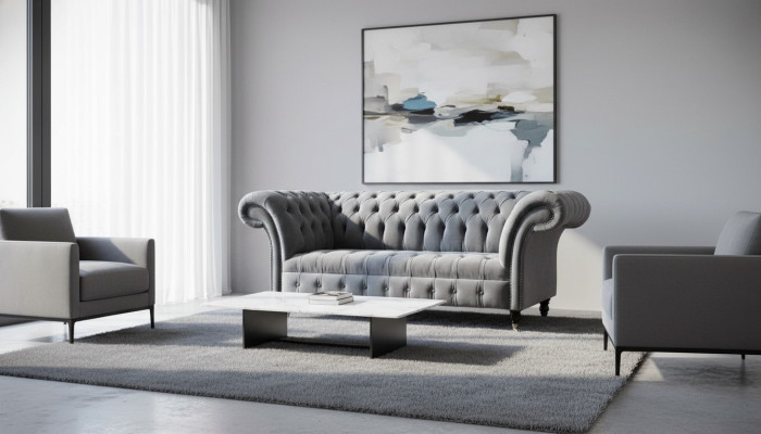 Sofá Chesterfield de 3 plazas, sofá de lujo para la sala de estar, sofás de tela gris.