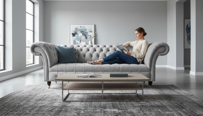 Sofá de tela Chesterfield de 3 plazas en gris acolchado, nuevo.