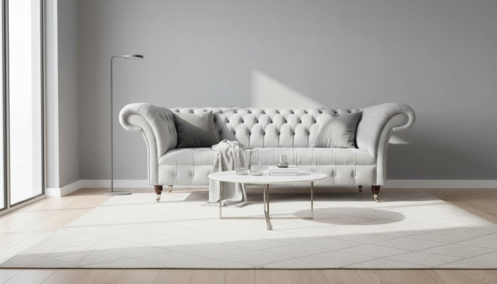 Sofá de tela Chesterfield de 3 plazas en gris acolchado, nuevo.